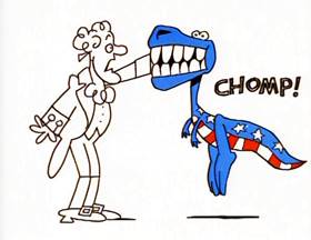 Screenshots from the 1996 Focus Design, Inc. cartoon Tyrannosaurus Debt