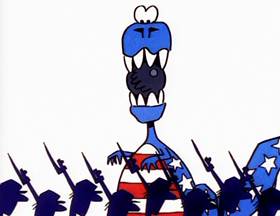 Screenshots from the 1996 Focus Design, Inc. cartoon Tyrannosaurus Debt