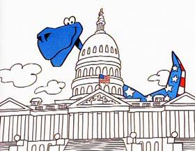 Screenshots from the 1996 Focus Design, Inc. cartoon Tyrannosaurus Debt