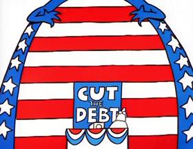 Screenshots from the 1996 Focus Design, Inc. cartoon Tyrannosaurus Debt