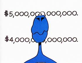 Screenshots from the 1996 Focus Design, Inc. cartoon Tyrannosaurus Debt