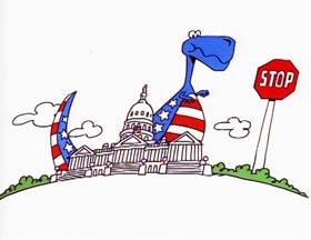 Screenshots from the 1996 Focus Design, Inc. cartoon Tyrannosaurus Debt