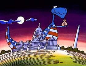 Screenshots from the 1996 Focus Design, Inc. cartoon Tyrannosaurus Debt