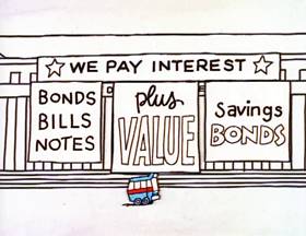 Screenshots from the 1996 Focus Design, Inc. cartoon Tyrannosaurus Debt