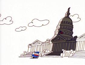 Screenshots from the 1996 Focus Design, Inc. cartoon Tyrannosaurus Debt