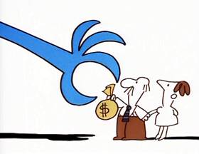 Screenshots from the 1996 Focus Design, Inc. cartoon Tyrannosaurus Debt