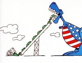 Screenshots from the 1996 Focus Design, Inc. cartoon Tyrannosaurus Debt