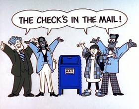 Screenshots from the 1996 Focus Design, Inc. cartoon The Check