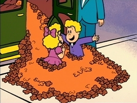 Screenshots from the 1996 CINAR cartoon The Piggy Bank Guard