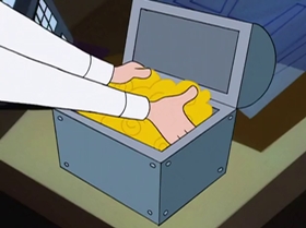 Screenshots from the 1999 Warner Bros. Television cartoon The Man with the Golden Brain