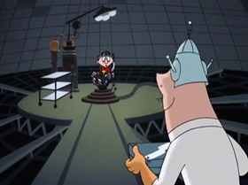 Screenshots from the 1999 Warner Bros. Television cartoon The Man with the Golden Brain