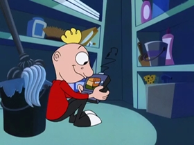 Screenshots from the 1999 Warner Bros. Television cartoon The Man with the Golden Brain