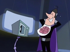 Screenshots from the 1999 Warner Bros. Television cartoon The Man with the Golden Brain