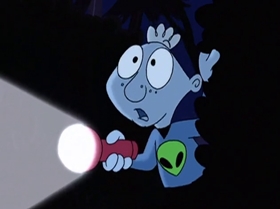 Screenshots from the 1999 Warner Bros. Television cartoon The Man with the Golden Brain