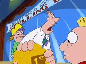 Screenshots from the 1999 Warner Bros. Television cartoon The Man with the Golden Brain