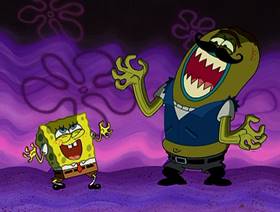 Screenshots from the 2004 United Plankton Pictures cartoon SpongeBob Meets the Strangler