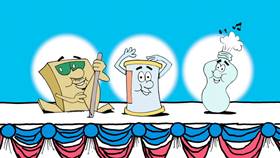 Screenshots from the 2009 Focus Design, Inc. cartoon The Trash Can Band