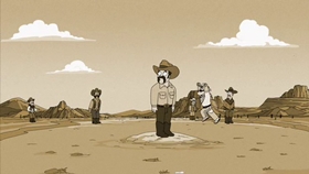 Screenshots from the 2010 Fuzzy Door Productions cartoon There Will Be Bad Blood