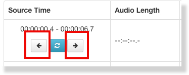 The editing interface is highlighted around two arrows that allow users to nudge the timecode by 0.1 seconds at a time