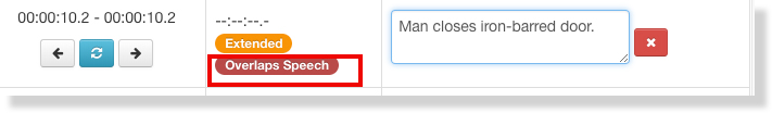 The editing interface is highlighted around a red description with an Overlaps Speech tag