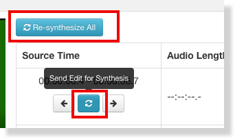 The editing interface is highlighted around a blue refresh icon with a tool tip that reads Send Edit for Synthesis