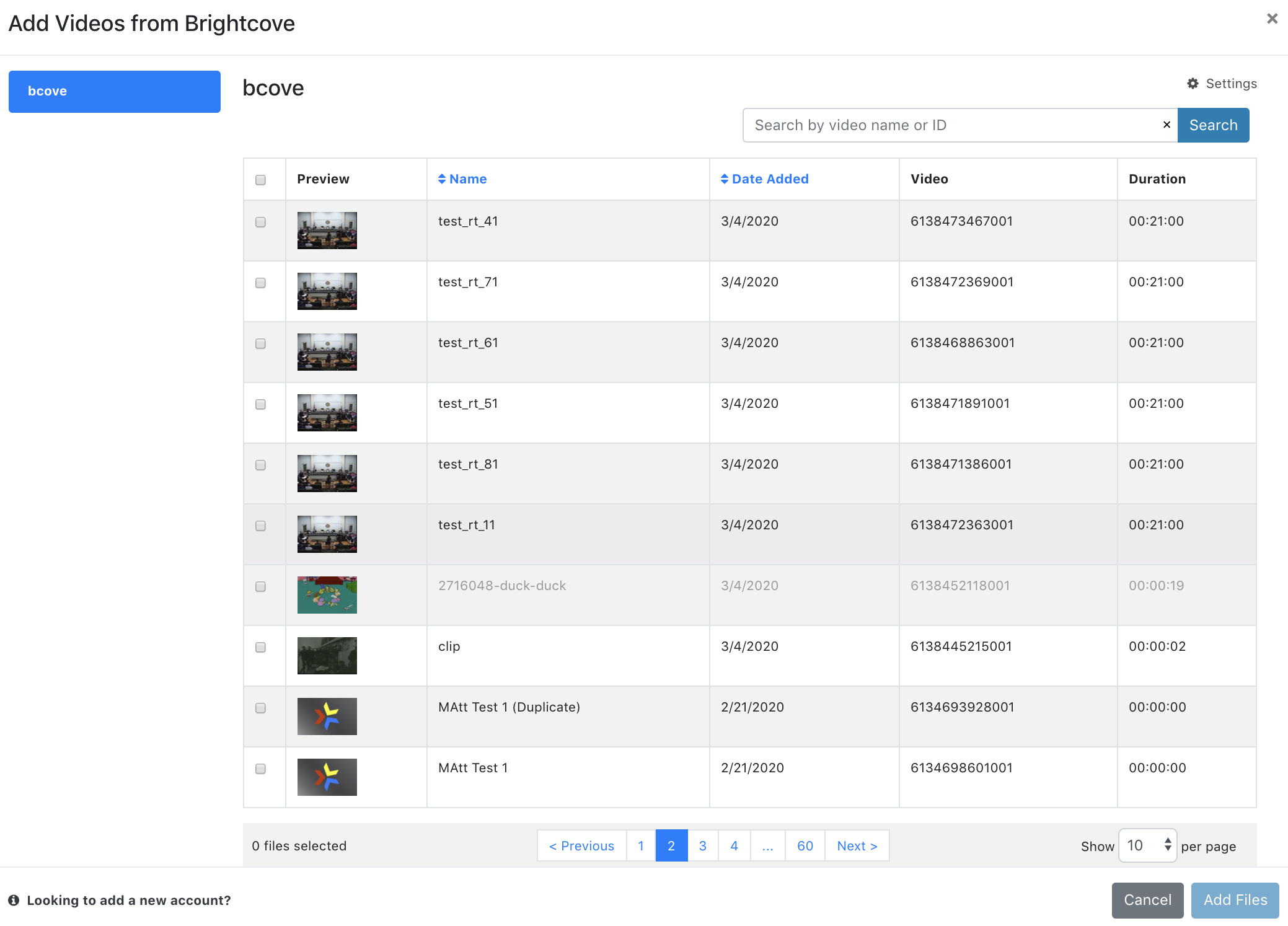 select Brightcove videos to upload