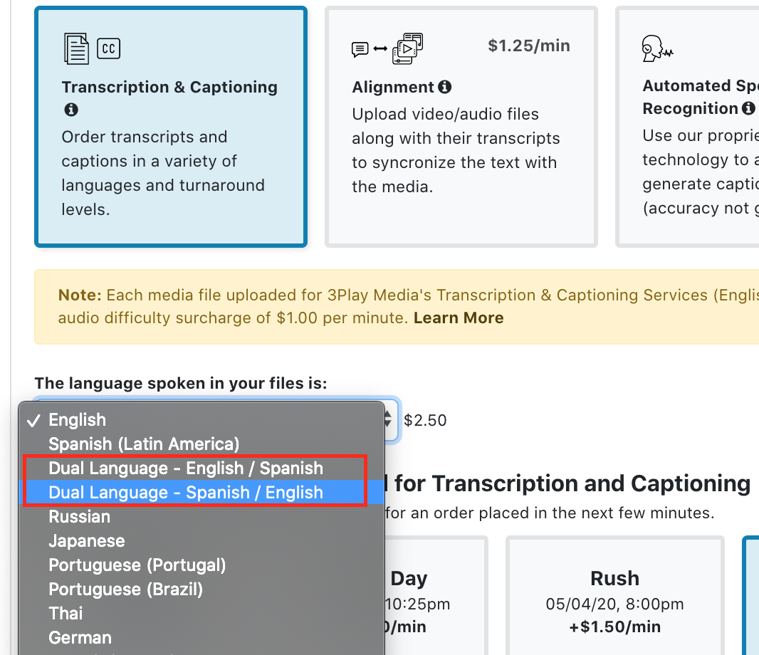 Dual-Language Spanish English transcription closed caption service
