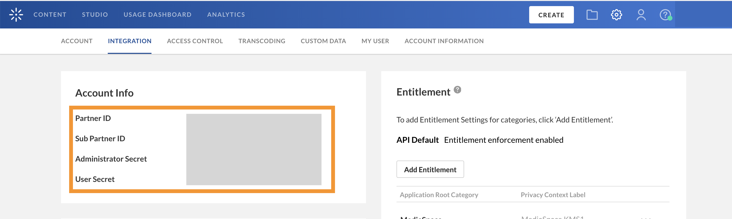 Kaltura Settings, Account Information
