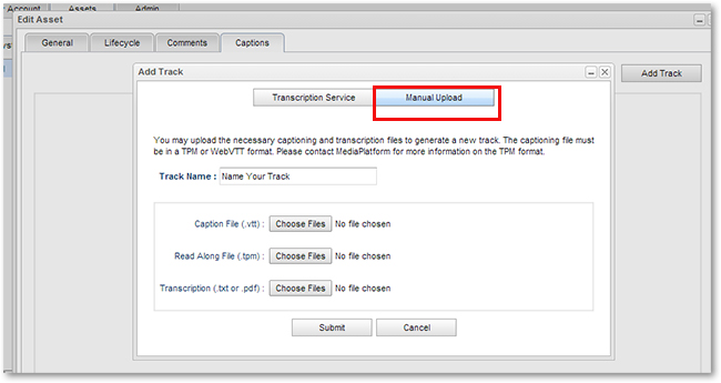 Add captions transcripts to assets on MediaPlatform