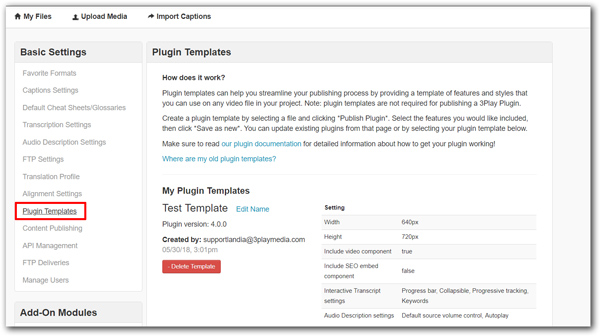 Plugin Templates screen in Accont Settings.