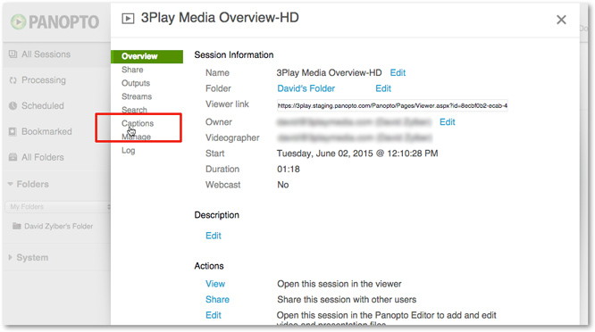 Click Captions option in Panopto Settings