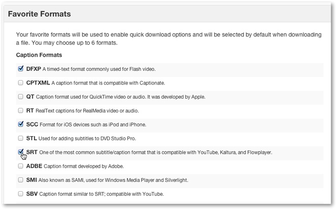 Closed Captions and transcript formats menu