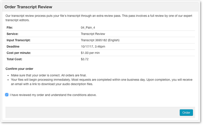 Confirm Transcript Review order