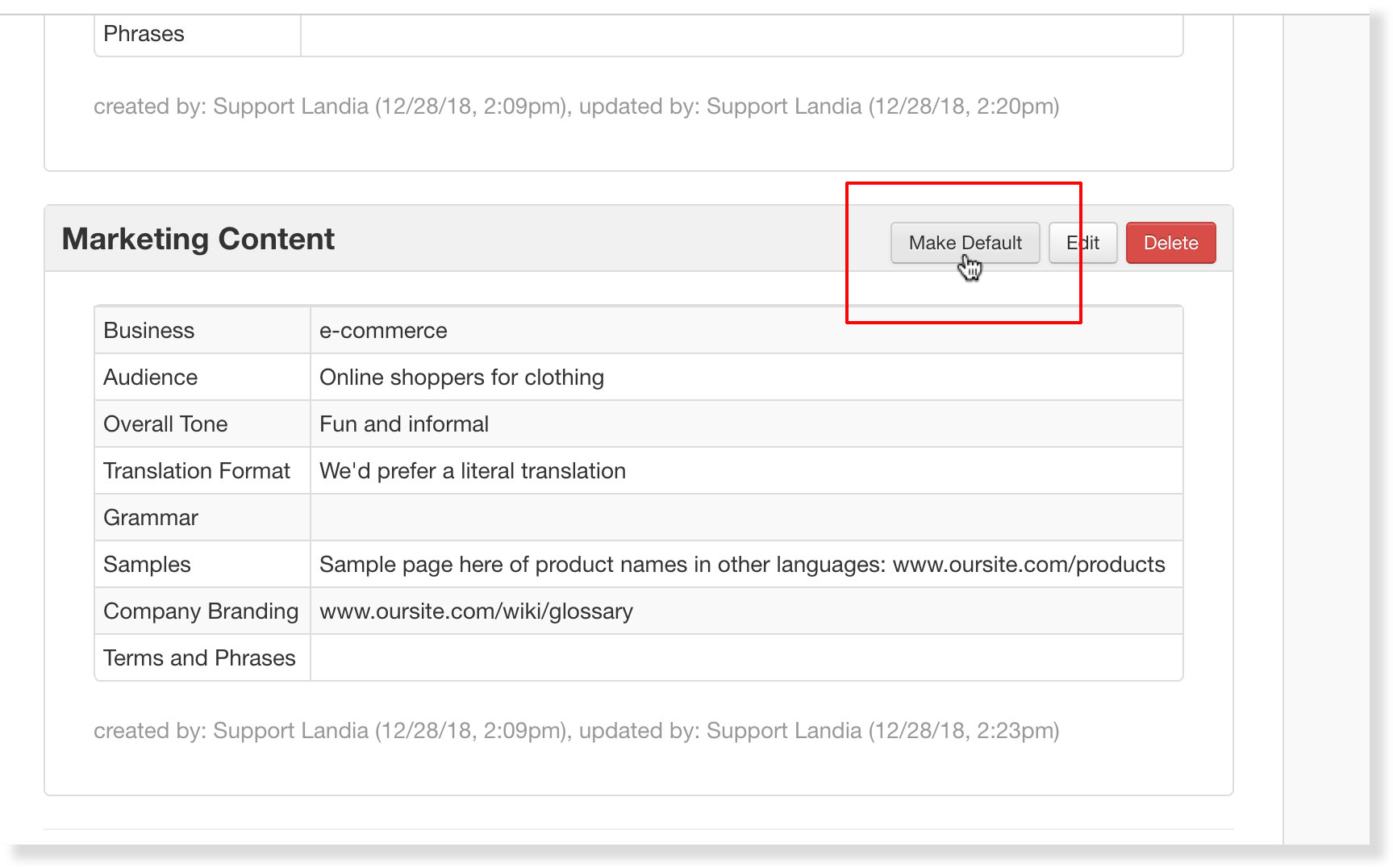 Click Make Default button to set this translation profile as the default profile