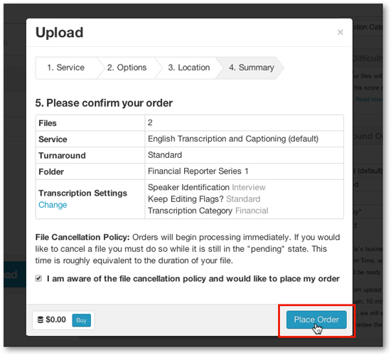 Captioning transcription upload and place orde