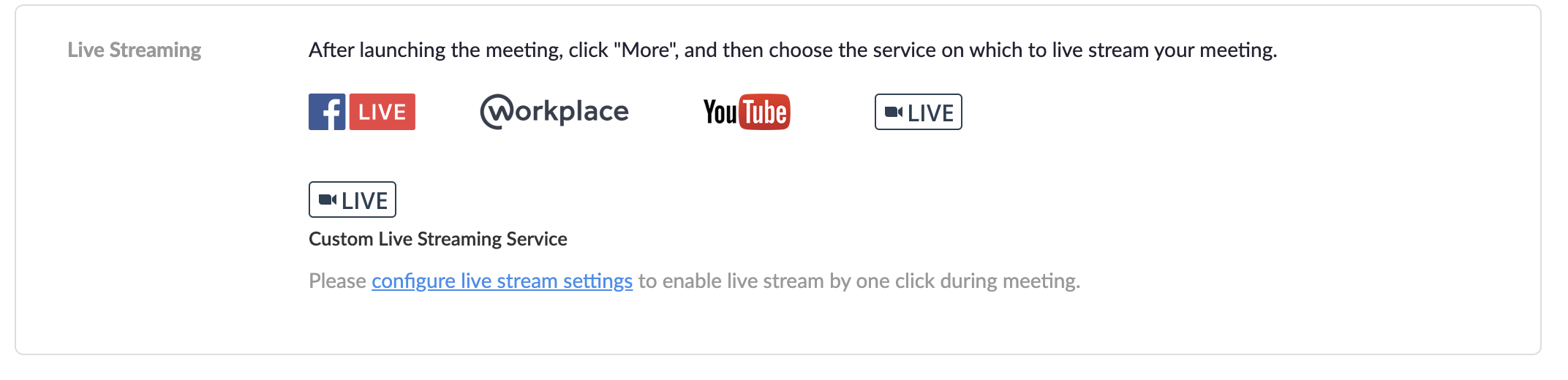 Place to find the settings for the stream url and stream key in zoom for meetings