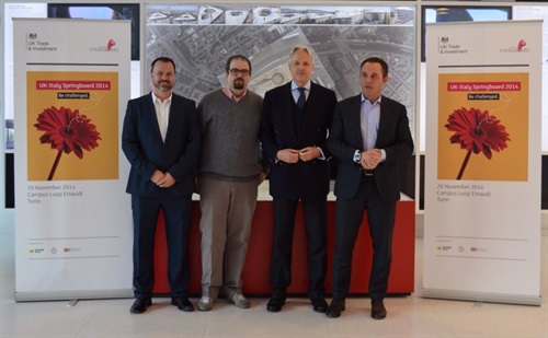 The UK Ambassador Christopher Prentice with the 2 winners of the Uk Italy Springboard: on the right, Eddy Fioretti, CEO of ClouDesire