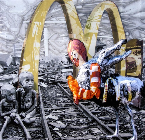 Gerardo Paoletti, Il mondo è la fame e noi vi nutriremo, aerografo su tessuto, 135x141 cm