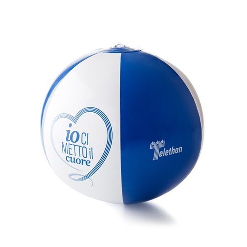 pallone gonfiabile blu e bianco con la scritta 