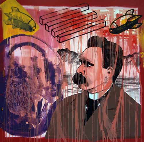 Michael Rotondi, 2 portraits and landscape, smalti su tela, 150x150 cm