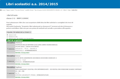 La pagina con i libri adottati da una classe del Liceo Classico Giulio Cesare di Roma