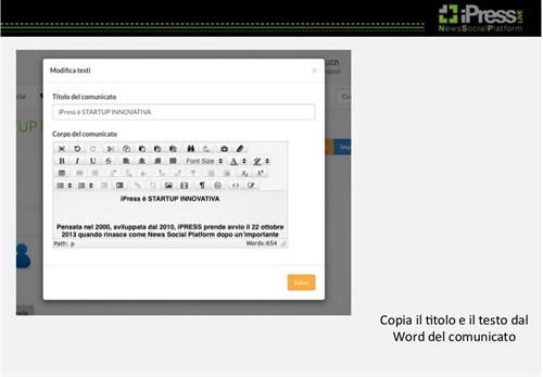 Copia il titolo e il testo del Word del comunicato