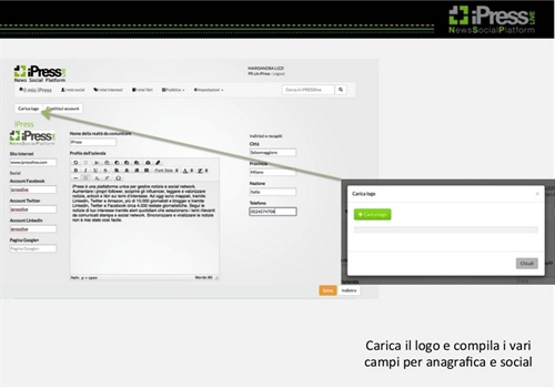Carica il logo e compila i vari campi per anagrafica e social