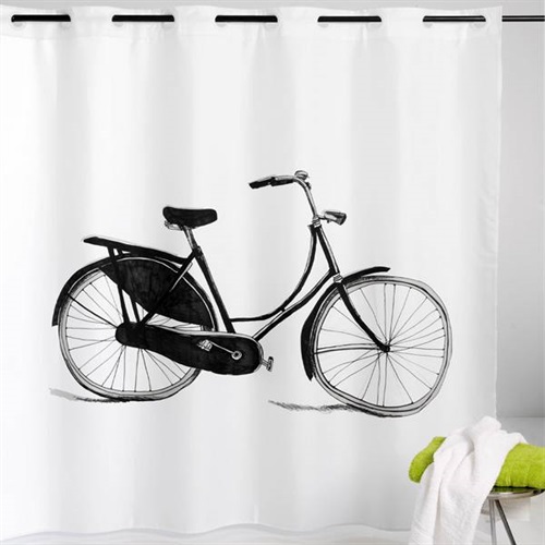 Tenda da doccia con bicicletta.