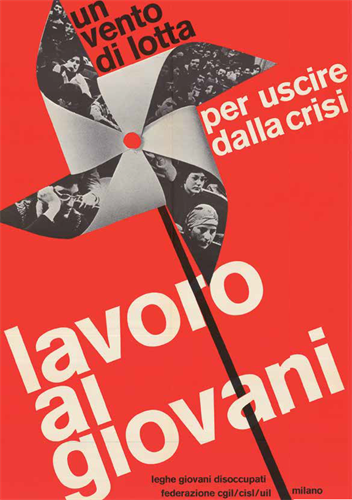 manifesto sull’occupazione giovanile delle Leghe giovani disoccupatidella CGIL-CISL-UIL di Milano, anni Settanta