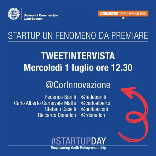 Appuntamento con la TweetIntervista su Startup: Un fenomeno da premiare per mercoledì 1 luglio alle 12.30 #Startupday