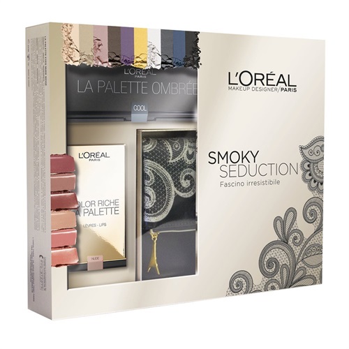 L'Oréal Make Up Designer Paris Cofanetto Natale Smoky Seduction - pochette + palette Ombrèe + palette labbra Color Riche.jpg