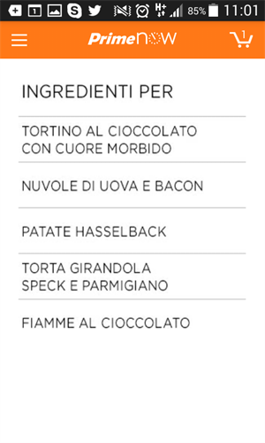 Lista delle ricette disponibili, visualizzata nell'app Prime Now