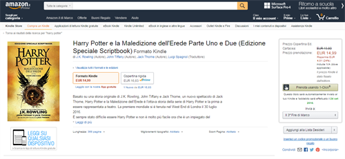 Pagina di Amazon.it dedicata a Harry Potter e la maledizione dell'erede