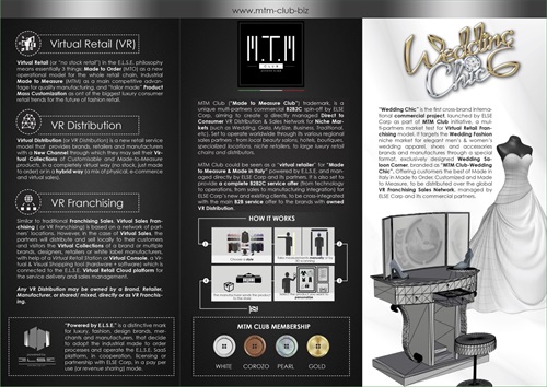MTM Club (“Made to Measure Club”) trademark, is a unique multi-partners commercial B2B2C spin-off by ELSE Corp, aiming to create a directly managed Direct to Consumer VR Distribution & Sales Network for Niche Markets (such as Wedding, Gala, MySize, B